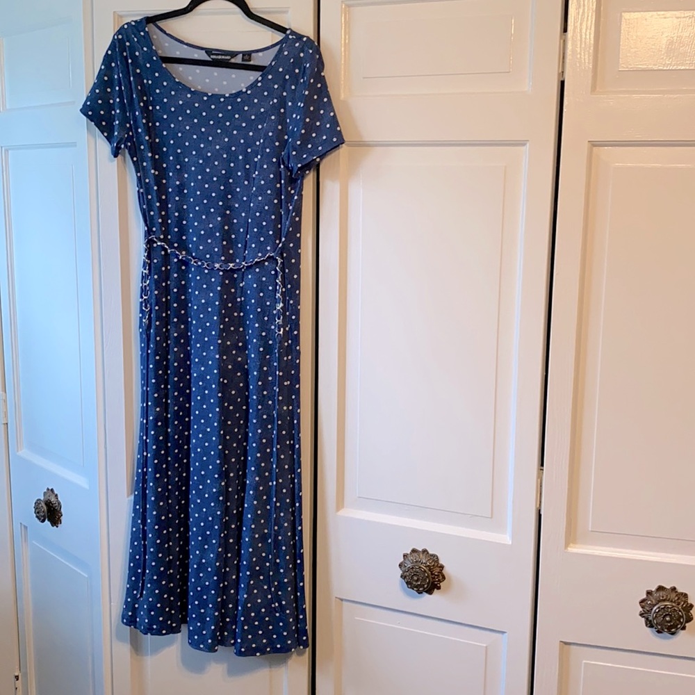 Ladies belted Blue & white polkadotted dress.